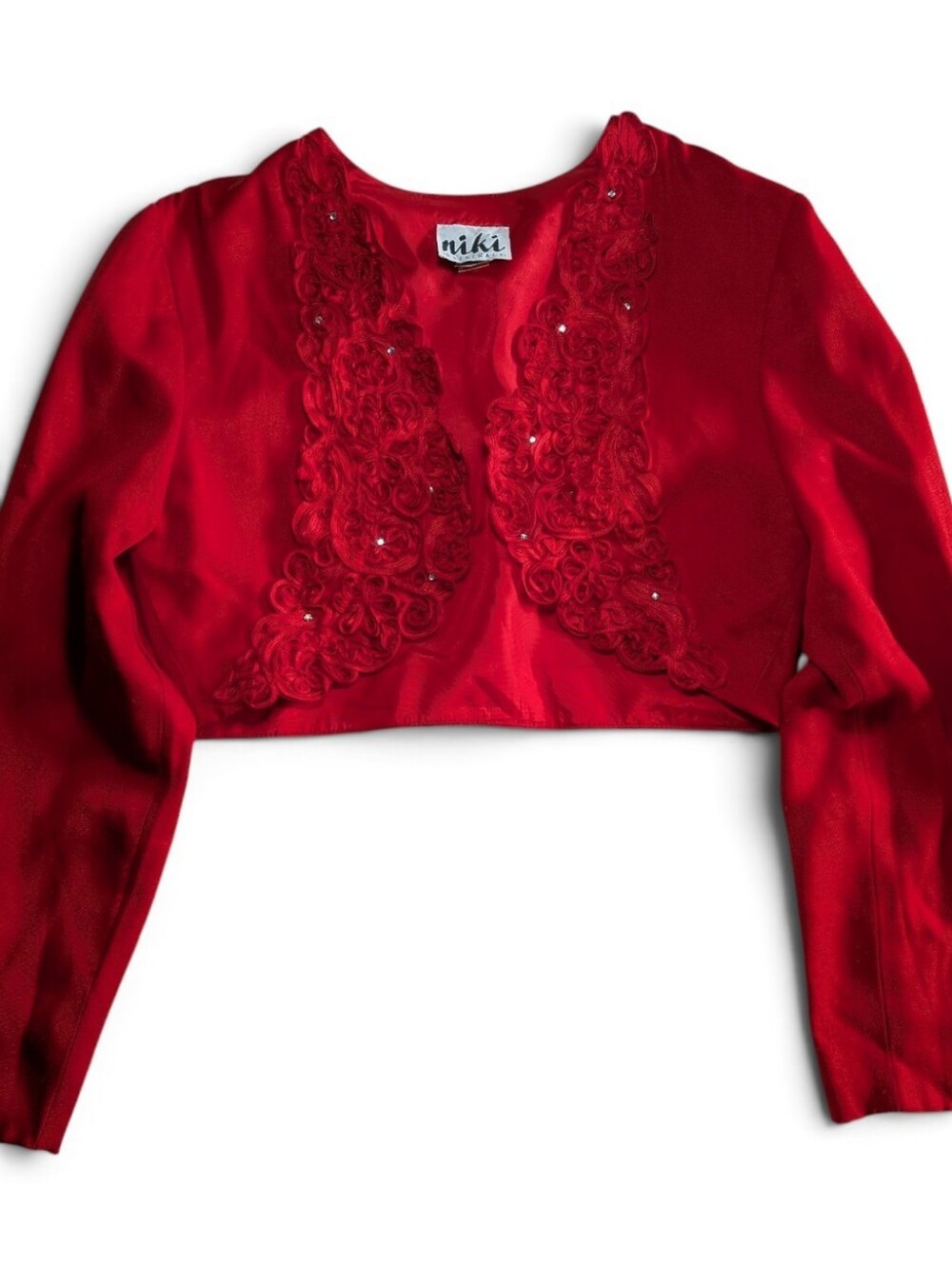 VTG 80s Niki Originals Red Soutache Lace Rhinestone Cropped Bolero Jacket 10 L